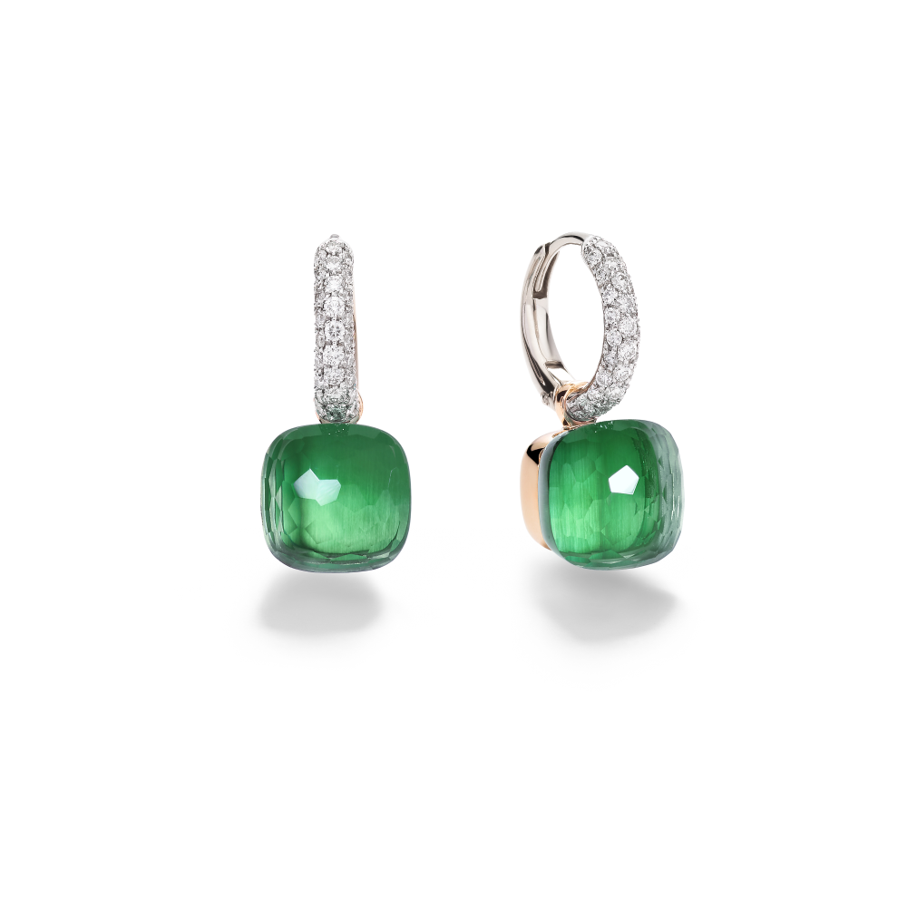 Rose/White Gold Prasiolite and Green Agate and Diamond Nudo Drop Earrings