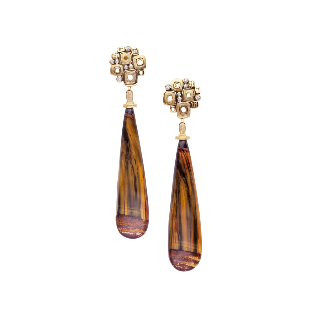 Yellow Gold Tiger Eye and Diamond Drop Earrings