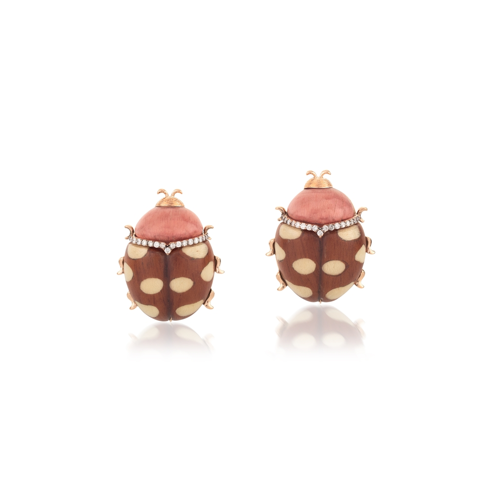Rose Gold and Diamond Marquetry Ladybug Stud Earrings