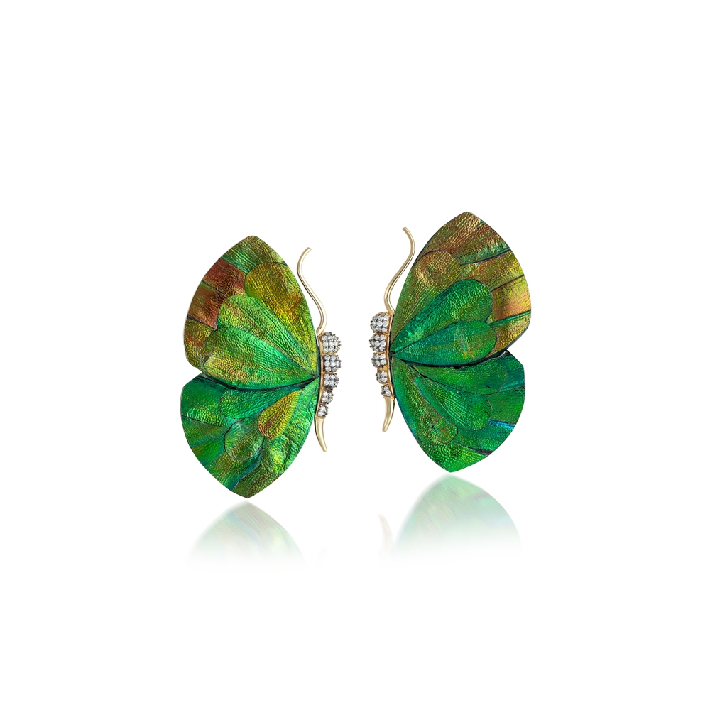 Gold and Diamond Marquetry Green Wing Stud Earrings
