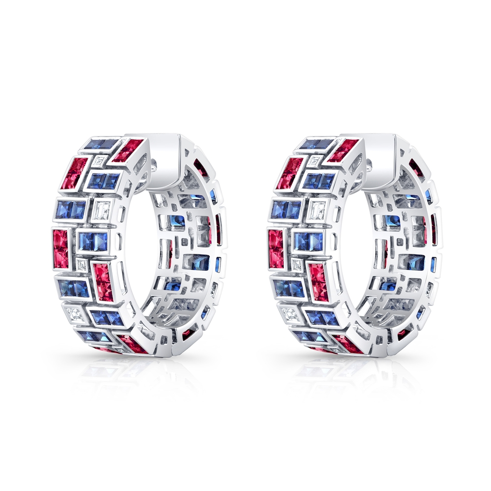 Platinum Ruby Sapphire and Diamond Hoop Earrings