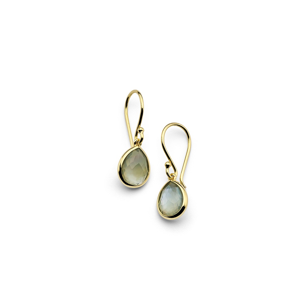 Yellow Gold Blue Topaz Mother of Pearl and Prasiolite Teeny Teardrop Earrings
