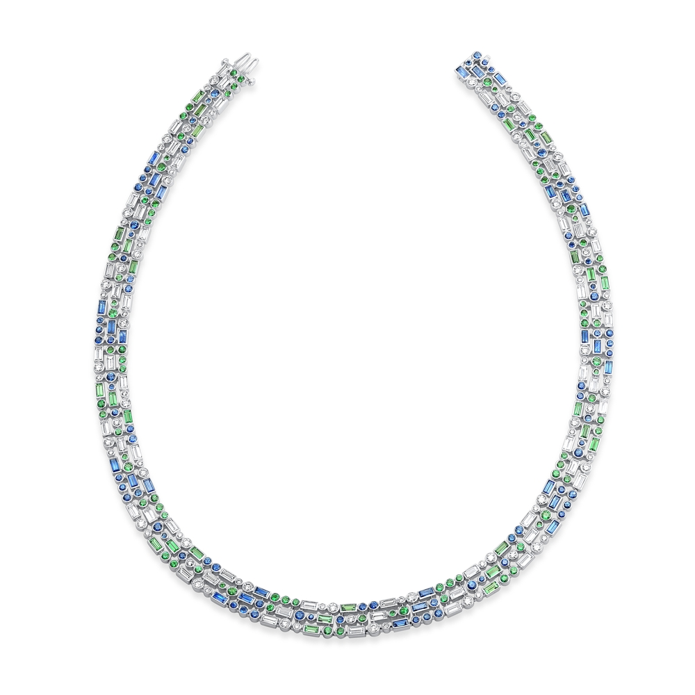 White Gold Sapphire Tsavorite Garnet and Diamond Necklace