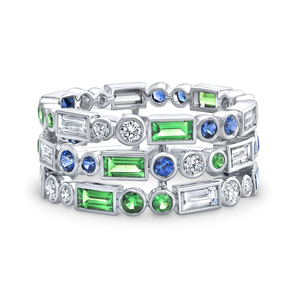 White Gold Sapphire  Tsavorite Garnet and Diamond Ring