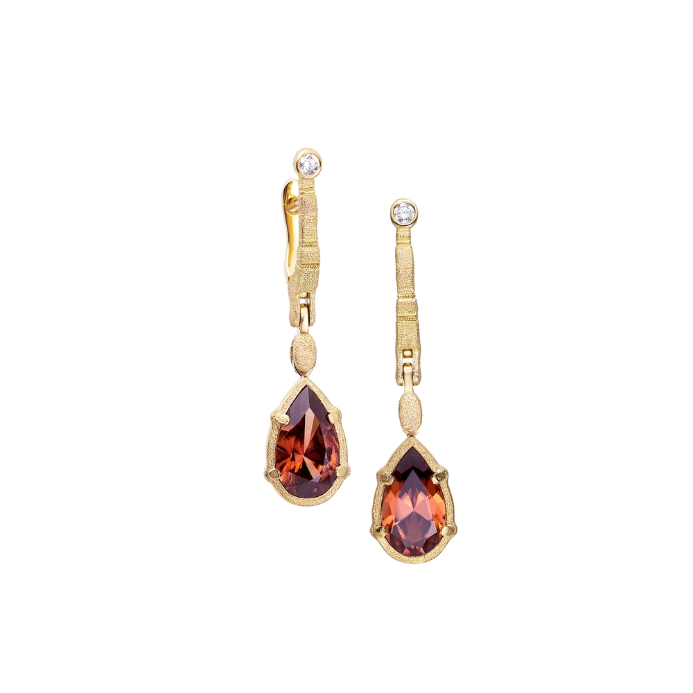 Yellow Gold Diamond and Malaya Zircon Earrings