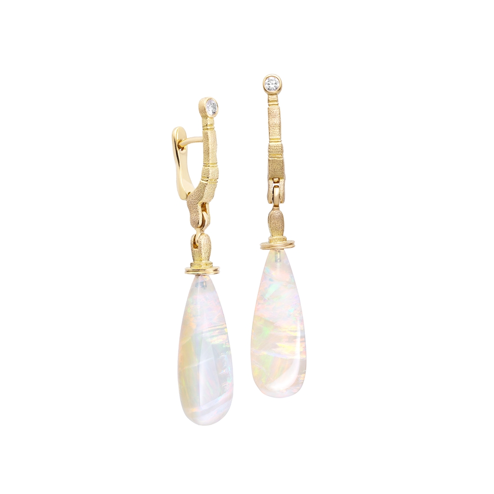 Yellow Gold Diamond and Opal Earrings