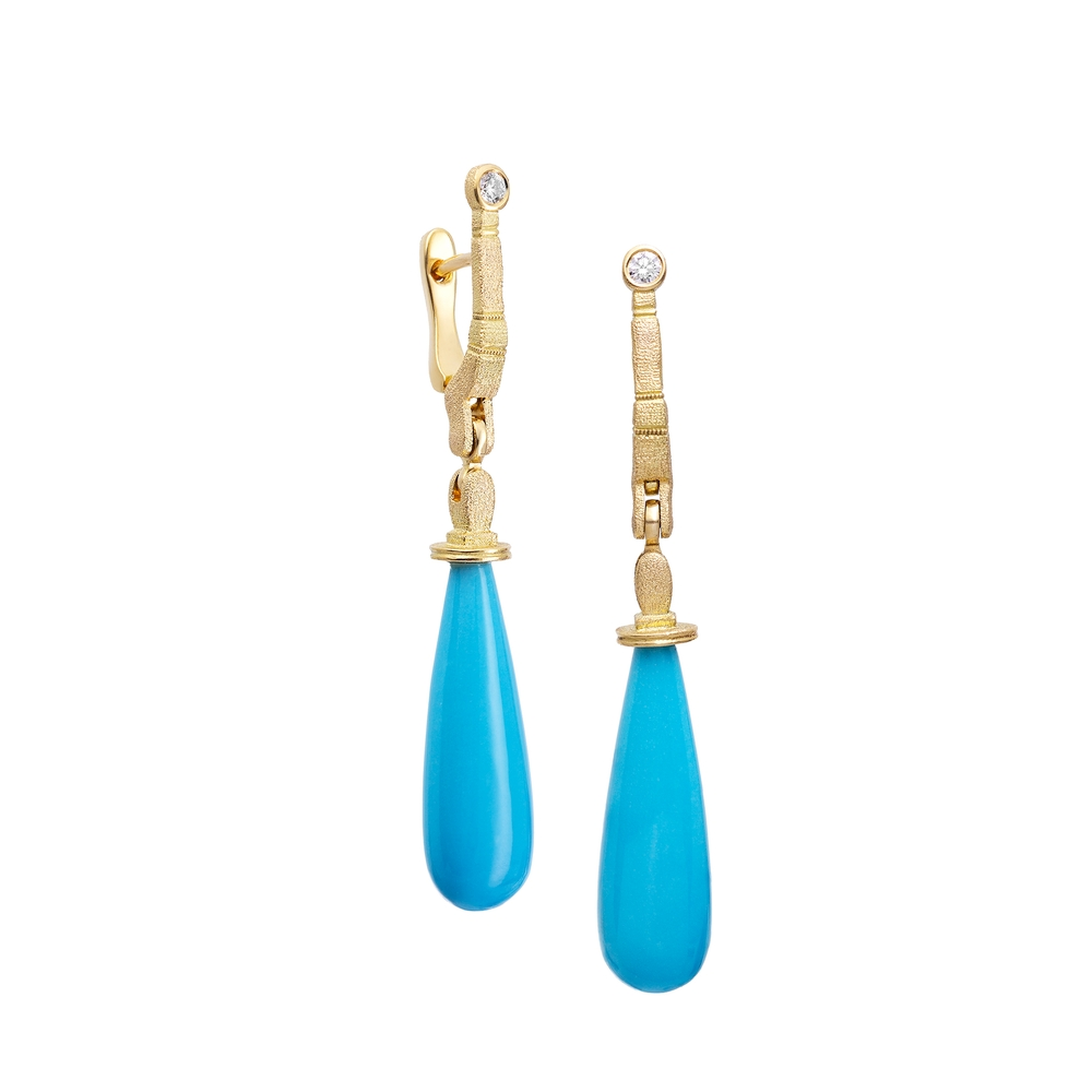Yellow Gold Diamond and Turquoise Earrings