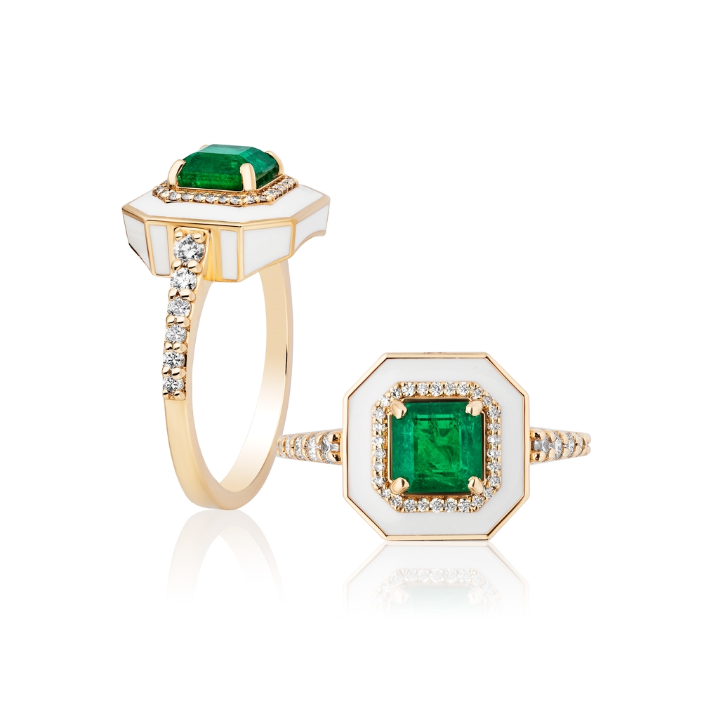 Yellow Gold Emerald and Diamond and Enamel Ring