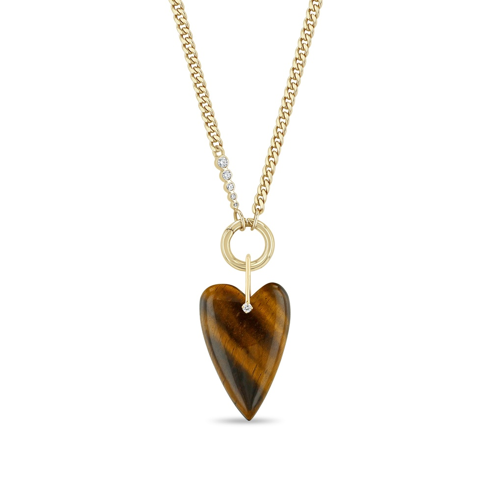Yellow Gold Diamond and Tiger Eye Heart Necklace