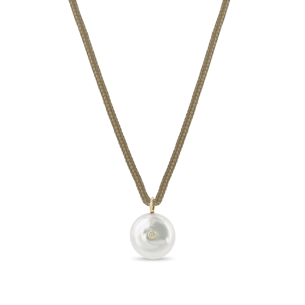 Yellow Gold Diamond and Pearl Tan Paracord Necklace