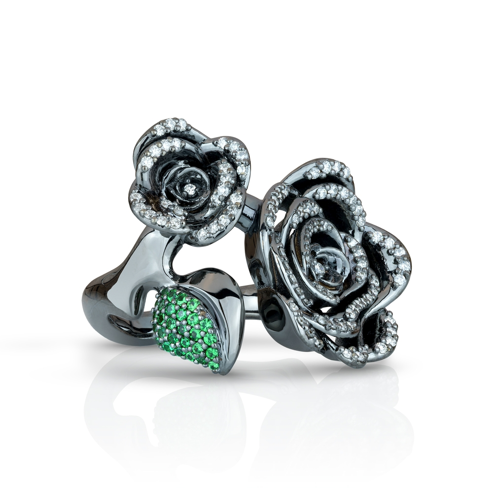 White Gold Diamond and Tsavorite Double Rosebud Ring