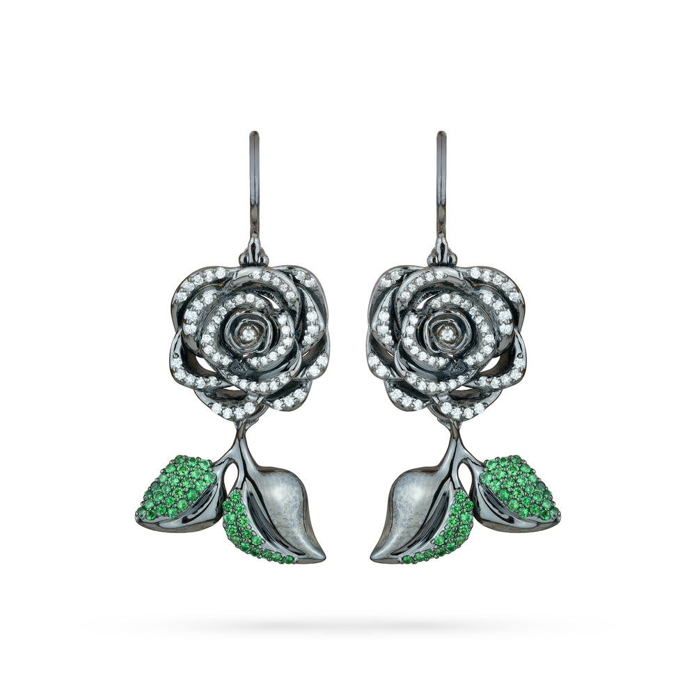 White Gold Diamond and Tsavorite Small Double Rosebud Earrings