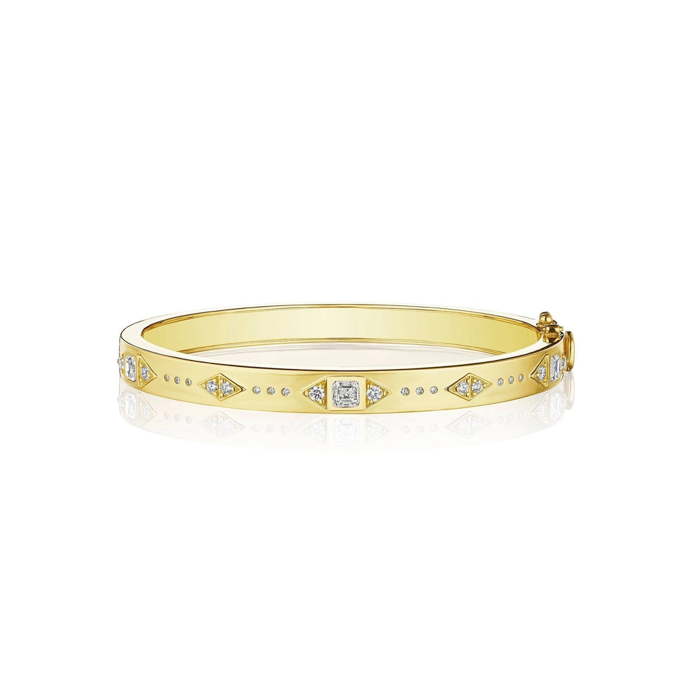 Yellow Gold and Diamond Asscher-Cut Deco Bangle