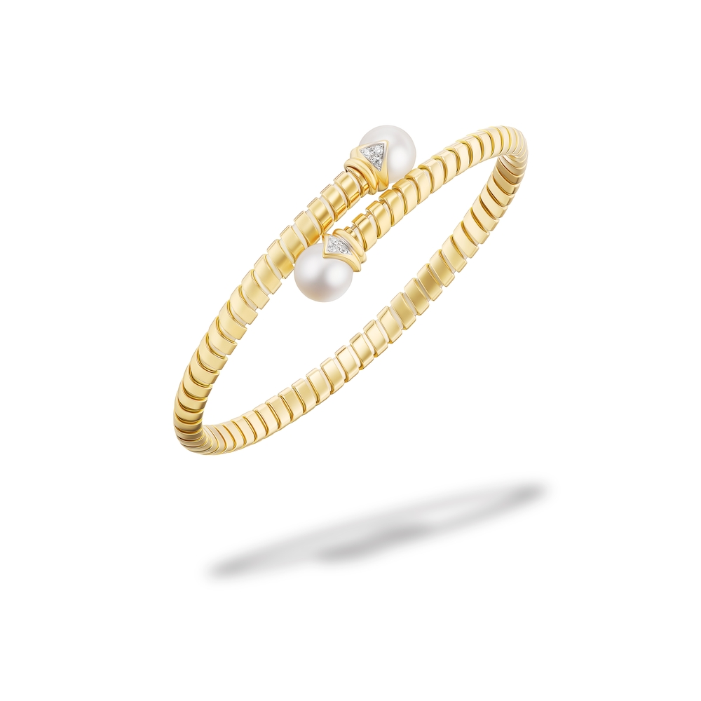 Yellow Gold Diamond and Pearl Lina Bypass Bangle