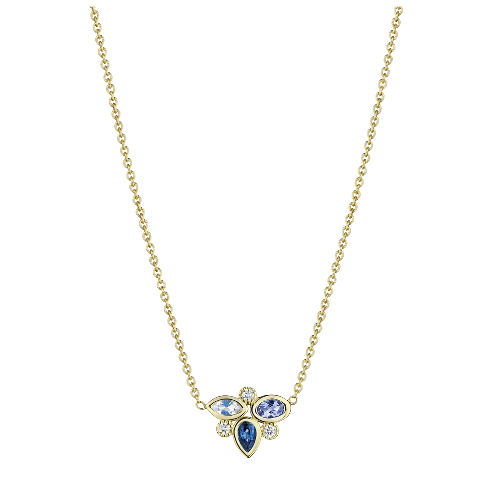 Yellow Gold Diamond Sapphire Tanzanite and Moonstone Dance Necklace