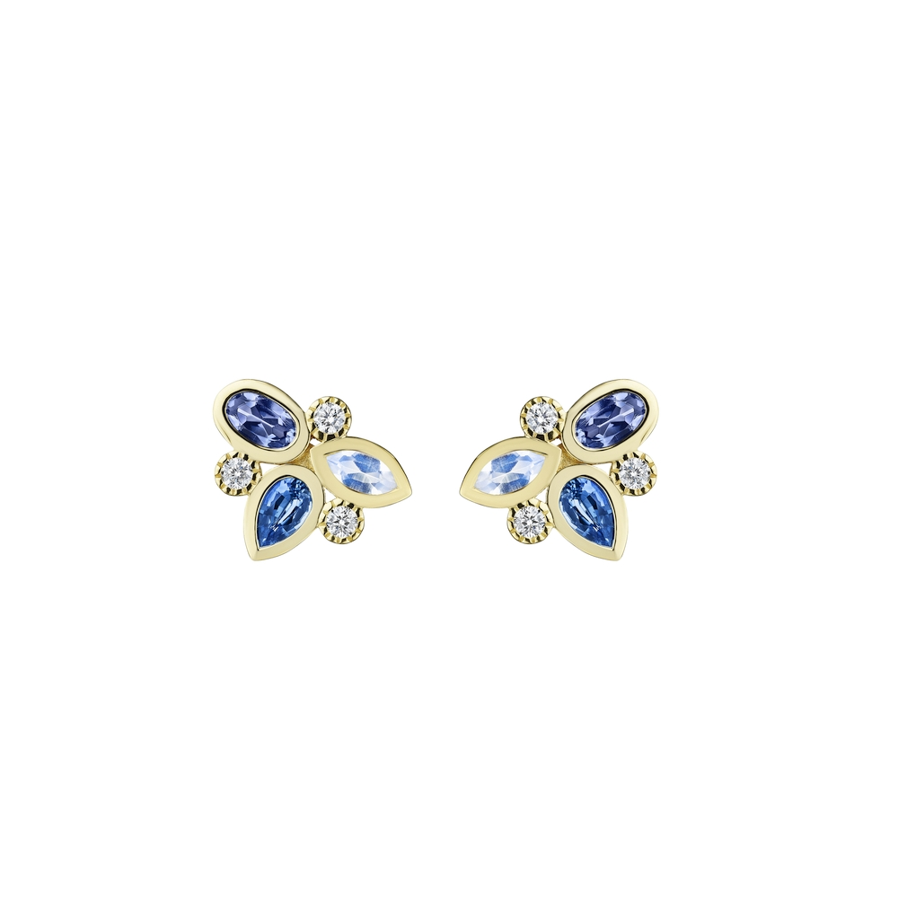 Yellow Gold Diamond Sapphire Tanzanite and Moonstone Earrings