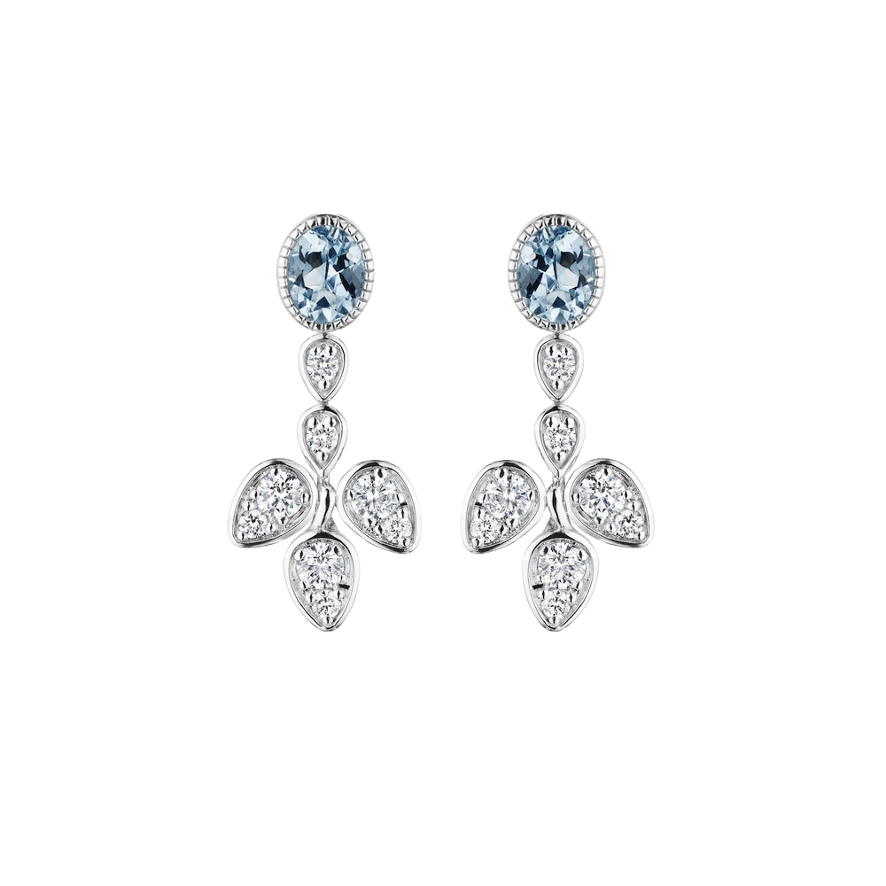 White Gold Diamond and Aquamarine Morning Dew Leaf Earrings