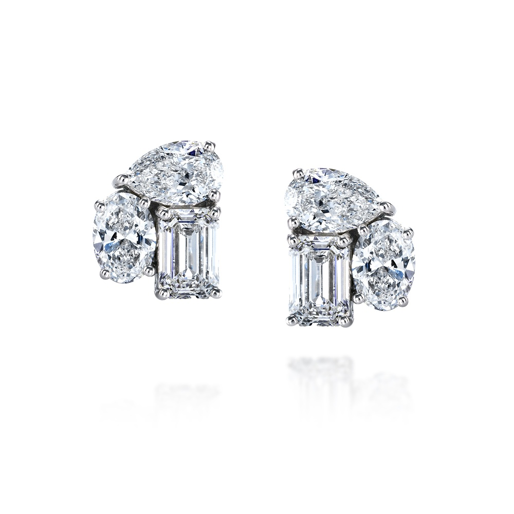White Gold and Diamond Emerald Oval and Pear Cut Stud Earrings